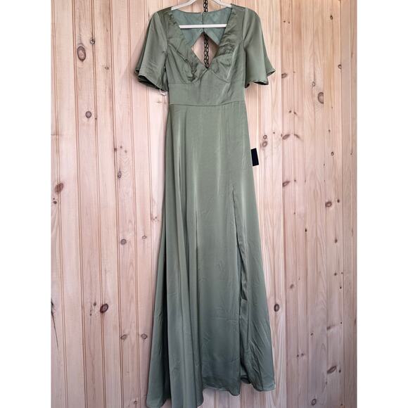 NWT Lulus Elegant Confidence Sage Satin Flutter Sleeve Cutout Maxi Dress Size S - Picture 2 of 10
